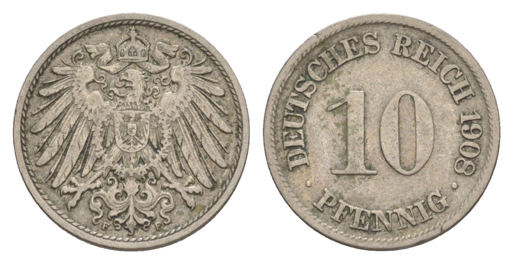 Германия 10 пфеннигов 1908 E, Вильгельм II (1888-1918) KM 12, J. 13 медно-никель 4644-1168