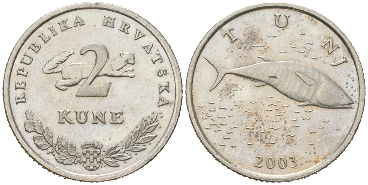 Хорватия 2 куна 2003 тунец, легенда на хорватском KM 10 медь цинк никель aUNC 4448-1226
