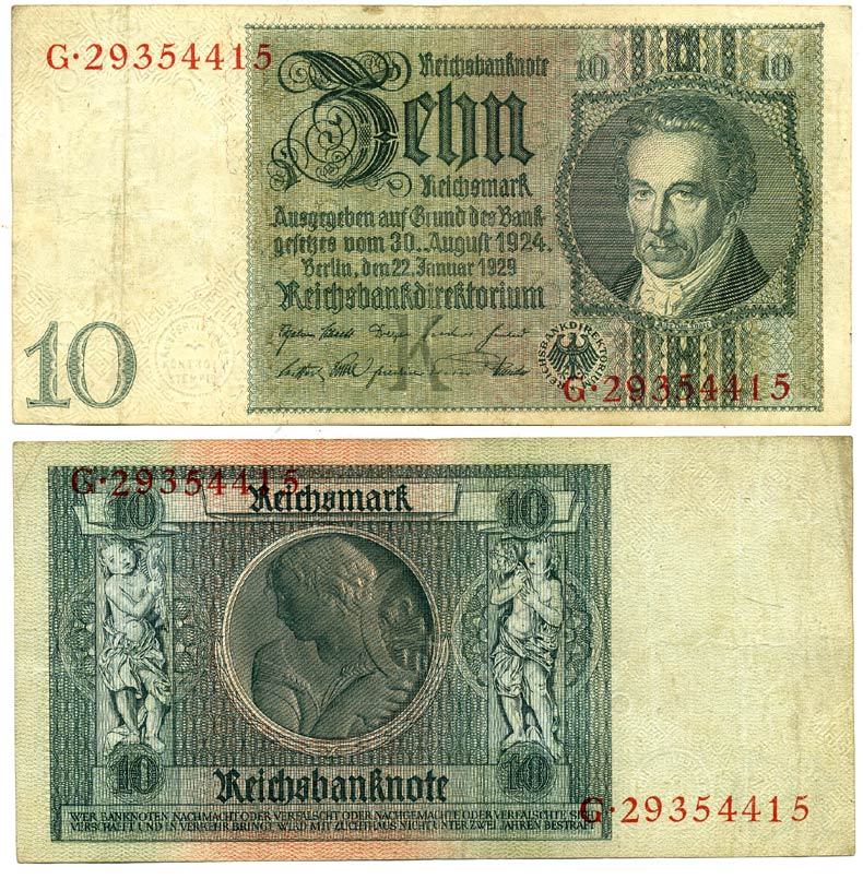 Германия 10 рейхсмарок 1929 Альбрехт Д. Тэер, буква K, серия G Pick 180a, Ros. 173е  бумага 3295-62-1