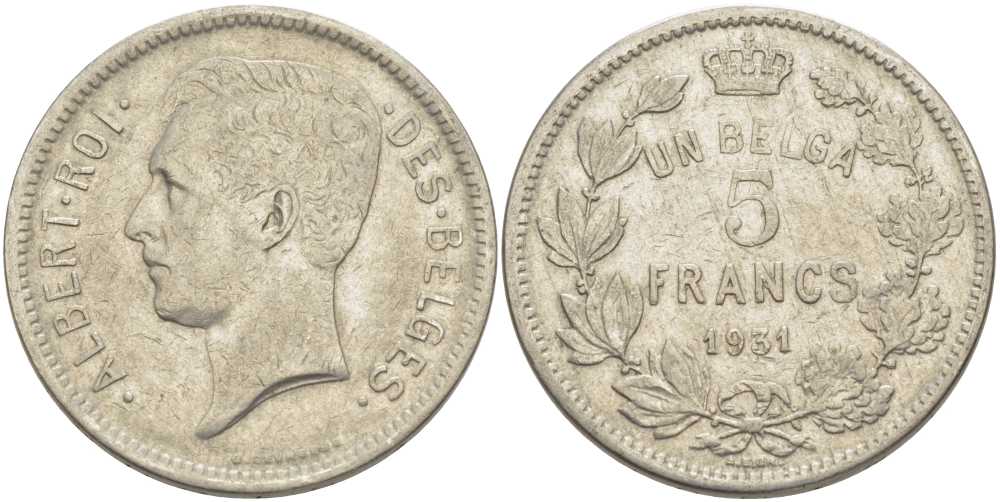БЕЛЬГИЯ 5 ФРАНКОВ 1931 АЛЬБЕРТ I, DES BELGES KM 97.1 никель 3851-134