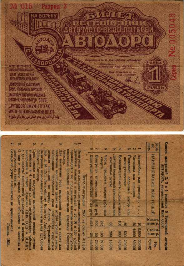 СССР 1 рубль 1934 5 ая Всесоюзная лотерея Автодора. 3 разряд бумага 7214-54-3-2