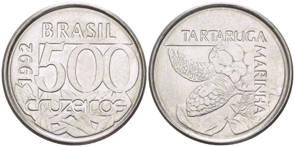Бразилия 500 крузейро 1992 морская черепаха KM 624 нержавеющая сталь 4396-616