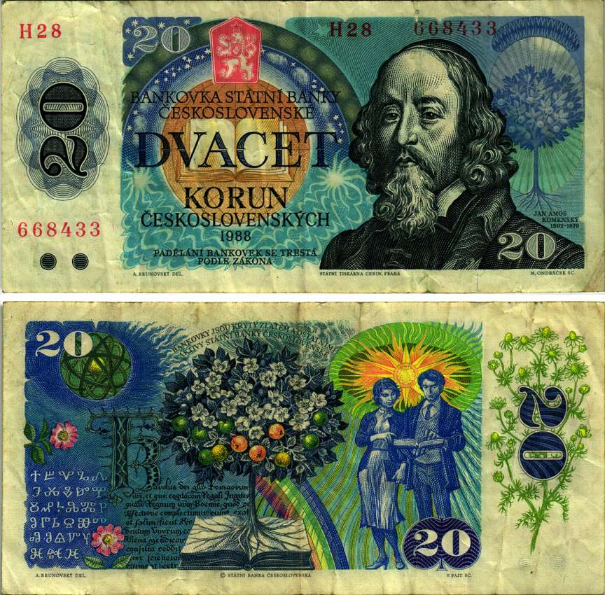 ЧЕХОСЛОВАКИЯ 20 КРОН 1988 СЕРИЯ Н, ЯН АМОС КАМЕНСКИЙ, ДРЕВО ЖИЗНИ Pick 95 бумага 7148-20-2-2