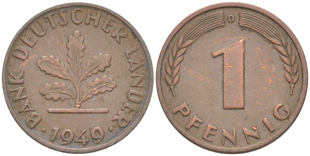 ФРГ 1 ПФЕННИГ 1949 D KM A101, J. 376 сталь плакированная медью 4181-532