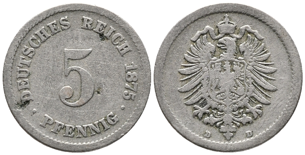 ГЕРМАНИЯ 5 ПФЕННИГОВ 1875 D, СТАРОГЕРБОВКА KM 3, J. 3 медно-никель 39-336