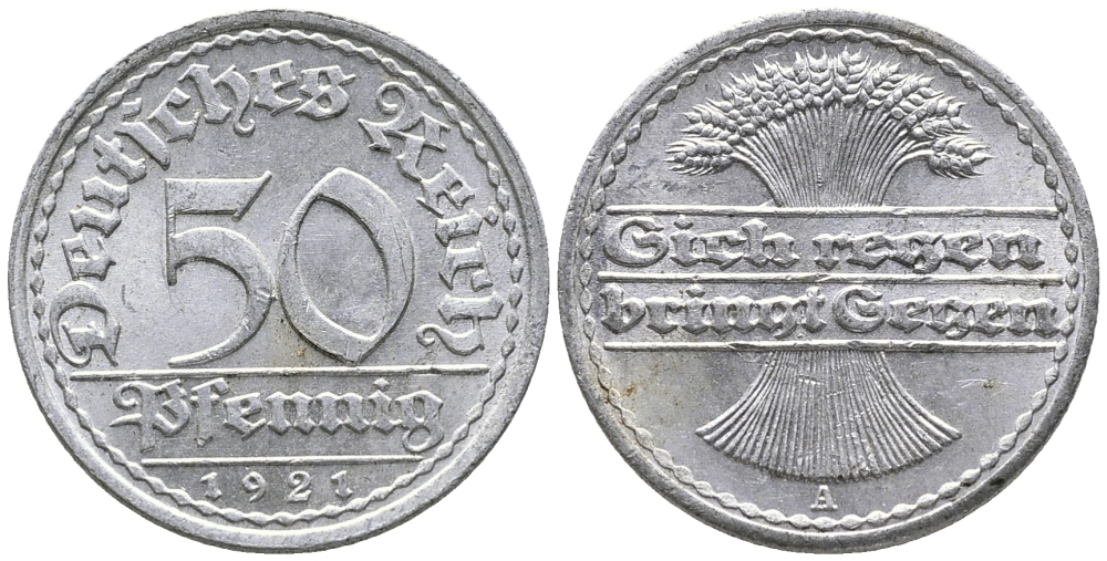 ГЕРМАНИЯ 50 ПФЕННИГОВ 1921 A KM 27, J. 301 алюминий 24-1026