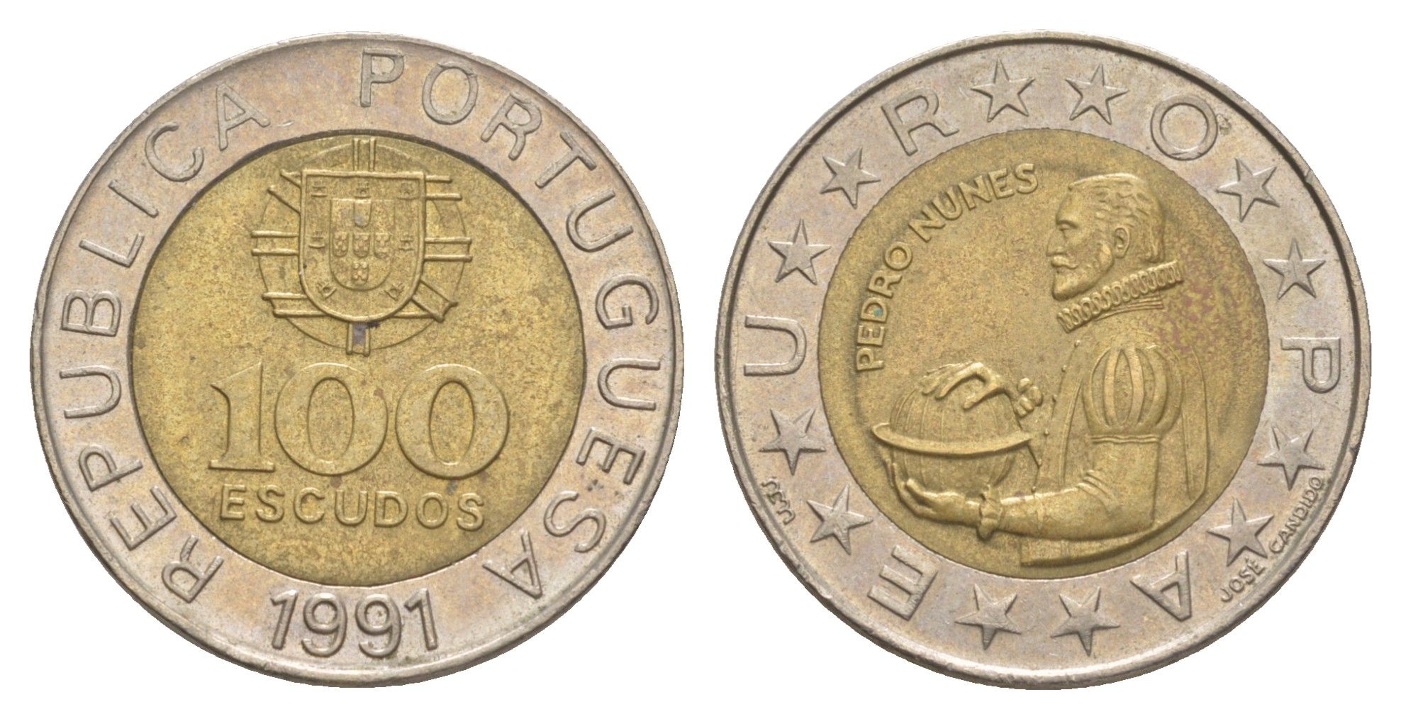 Португалия 100 эскудо 1991 Педру Нуниш (1502-1578), математик KM 645 биметалл 4388-356