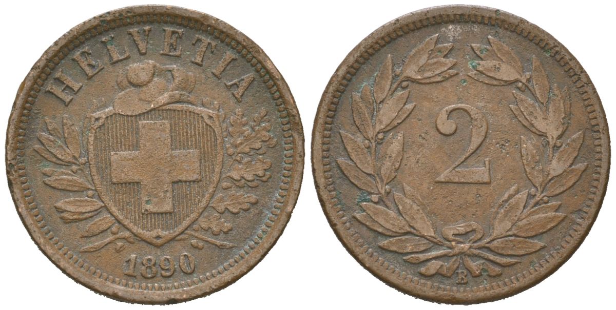 Швейцария 2 раппена 1890 B KM 4 бронза 4516-1032
