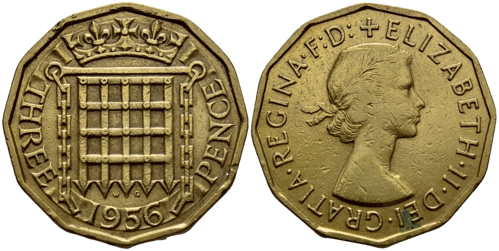 Великобритания 3 пенса 1956 Елизавета II (1952-2022) KM 900, Spink 4153 никель латунь 41-713