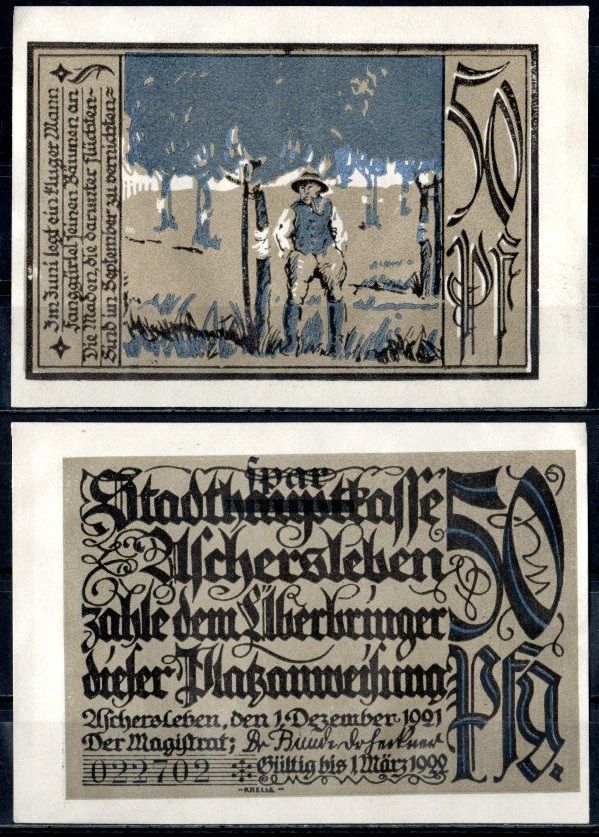 Ашерслебен (Пруссия, Саксония) 50 пфеннигов 1921 Mehl Grabowski 50.6-3.2/5 бумага UNC (пресс) 7556-46-1-1