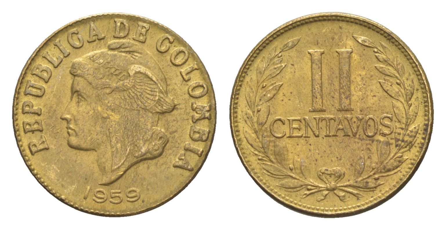 Колумбия 2 сентаво 1959 KM 214 алюминиевая бронза aUNC 4651-569