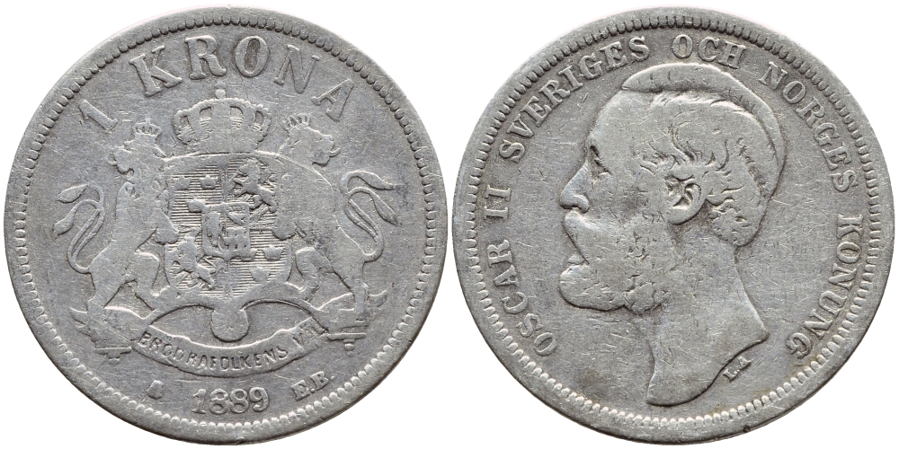 Швеция 1 крона 1889 ЕВ, Оскар II (1872-1907) король Швеции и Норвегии KM 747 серебро 1530-921