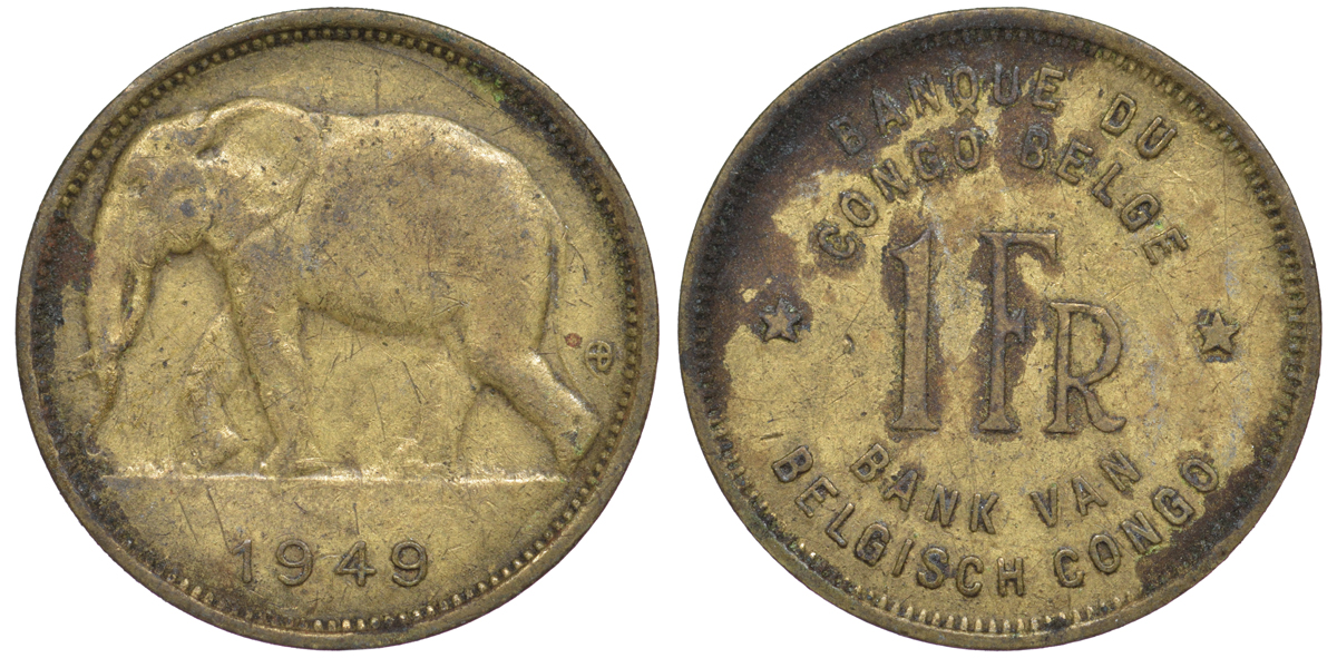 Бельгийское Конго 1 франк 1949 слон, Леопольд III КМ 26 латунь 4588-728