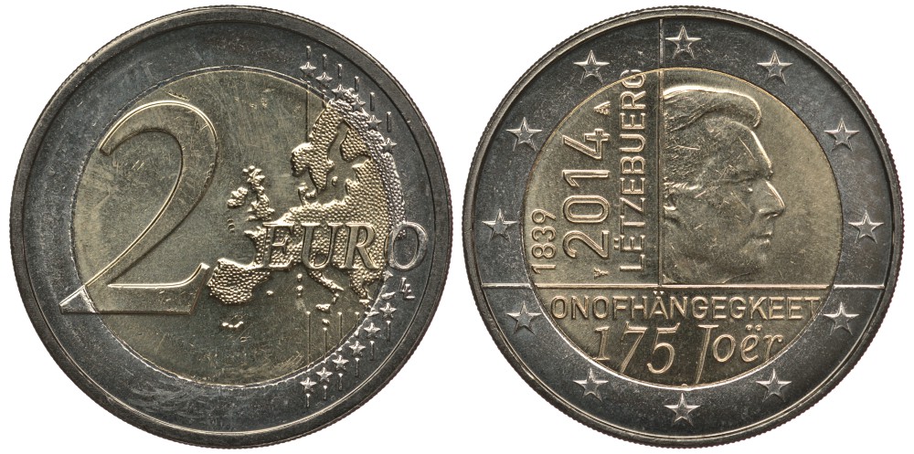 Люксембург 2 евро 2014 175 лет независимости Люксембурга KM 129 биметалл 177-943