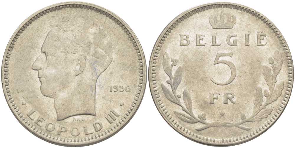 Бельгия 5 франков 1936 Леопольд III (1934-1951), Belgie KM 109 никель 3851-516