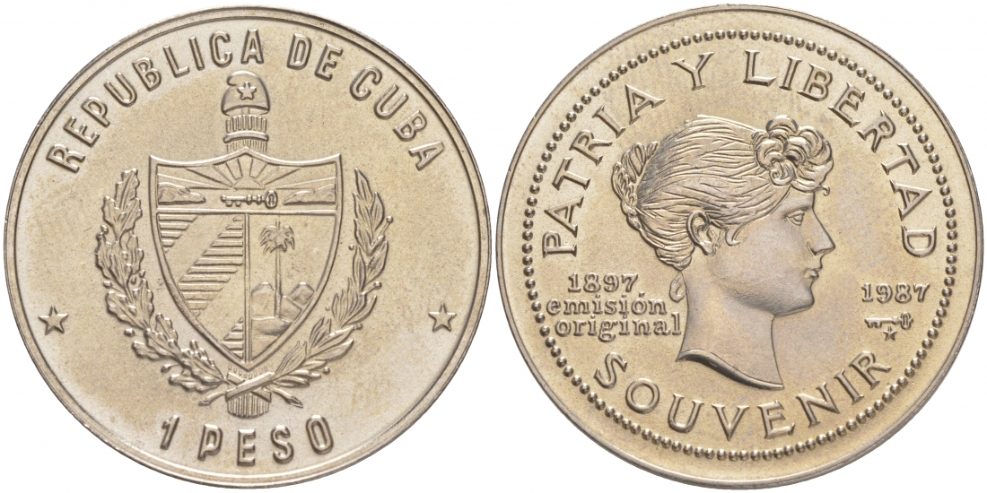 Куба 1 песо 1987 90 лет "сувенирного" песо KM 165 медно-никель UNC 1526-835 M36-3