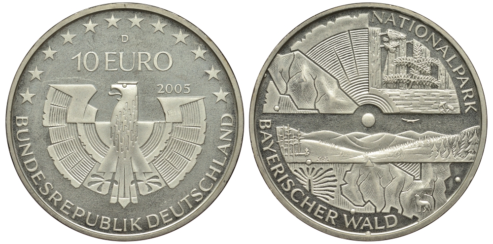 ФРГ 10 евро 2005 D, национальный парк, баварский лес KM 241, DE.S. 10.19 серебро PROOF 1515-2324