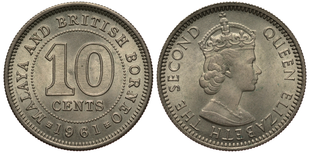 Малайя и Британское Борнео 10 центов 1961 Елизавета II (1952-2022) KM 2 медно-никель UNC 4392-1142