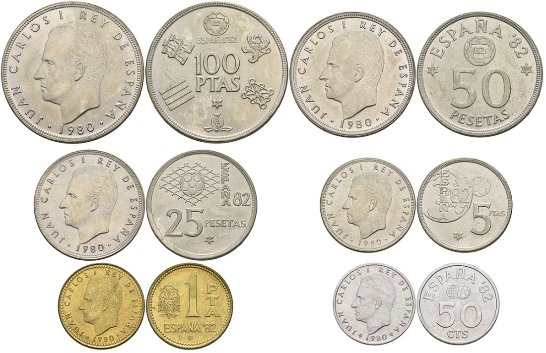 Испания официальный набор из 6 монет (50 сентимов; 1, 5, 25, 50 и 100 песет) 1980 чемпионат мира по футболу в Испании 1982 года KM MS11 (815, 816, 817, 818, 819 и 820)  UNC 4399-1-3