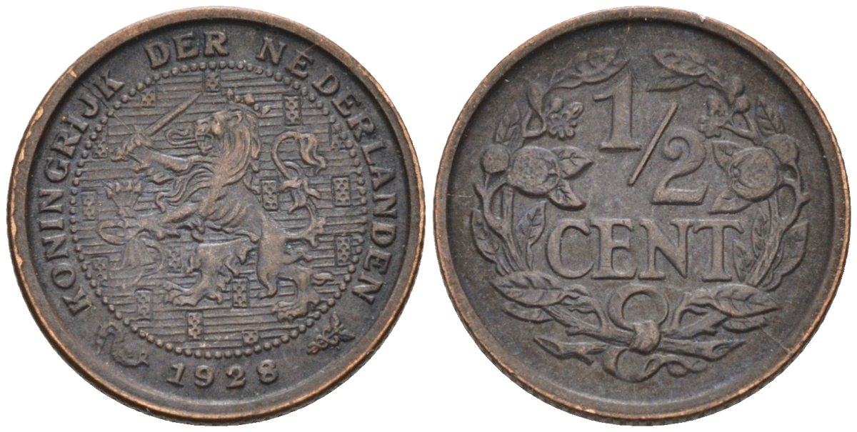 Нидерланды 1/2 цента 1928 Вильгельмина (1890-1948) KM 138 бронза 4576-452