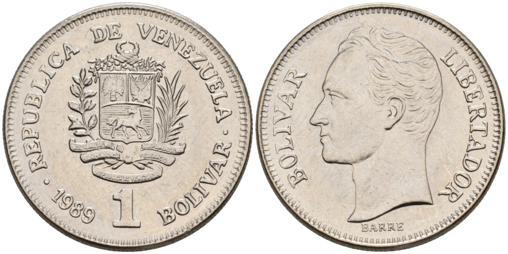 Венесуэла 1 боливар 1989 Симон Боливар KM 52а.2 сталь плакированная никелем 4110-1526