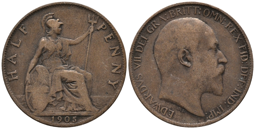 Великобритания 1/2 пенни 1905 Эдуард VII (1901-1910) KM 793.2, Spink 3991 бронза 34-1013