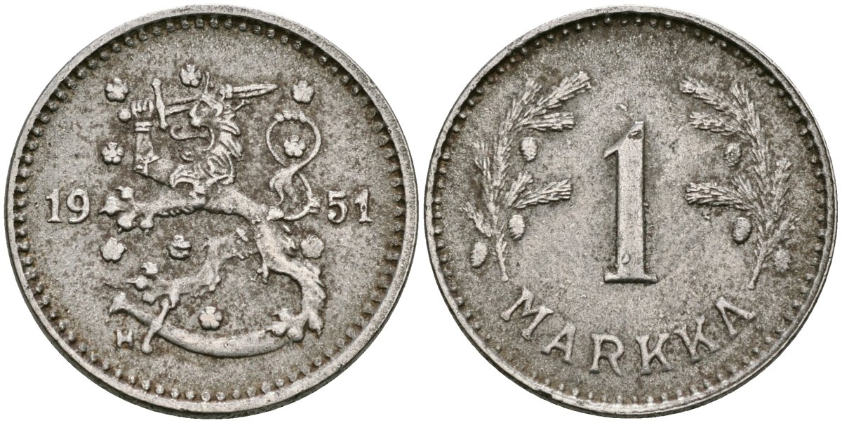 Финляндия 1 марка 1951 Н KM 30b железо 4580-1256