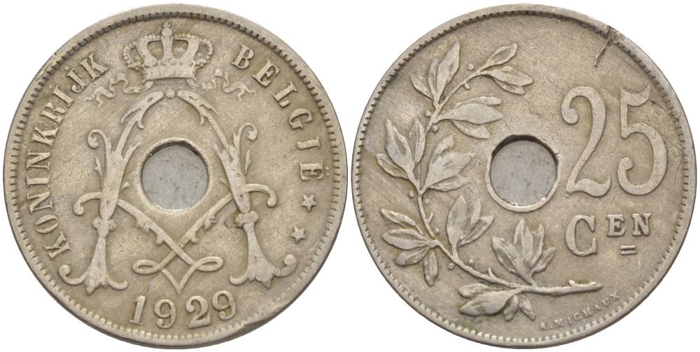 БЕЛЬГИЯ 25 САНТИМОВ 1929 BELGIE KM 69 медно-никель 4546-144
