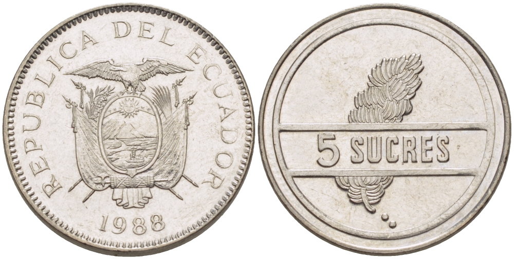 ЭКВАДОР 5 СУКРЕ 1988 ГРОЗДЬ БАНАНОВ KM 91 сталь плакированная никелем 31-423