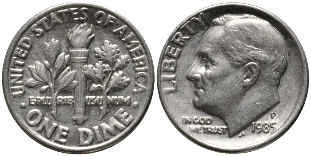 США 10 ЦЕНТОВ = 1 ДАЙМ 1985 Р, РУЗВЕЛЬТ KM 195а медь плакированная медно-никелем 112-641