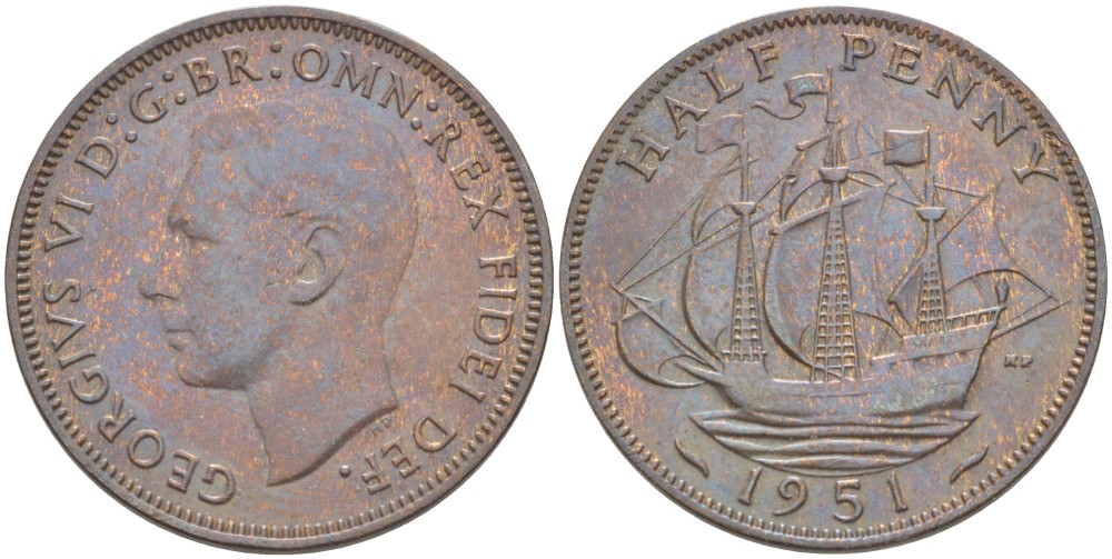 Великобритания 1/2 пенни 1951 Георг VI (1936-1952) KM 868, Spink 4118 бронза 94-235