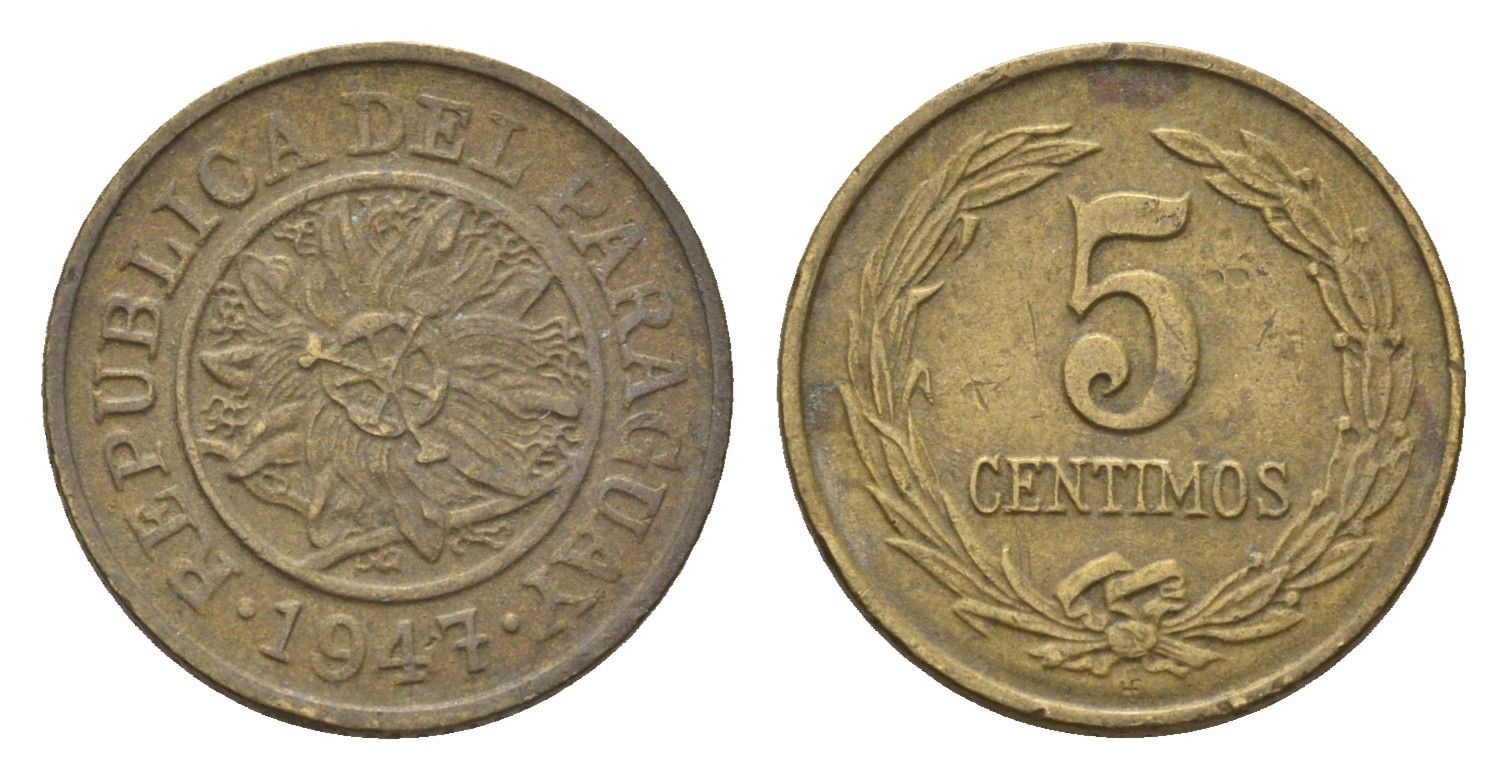 Парагвай 5 сентимо 1947 KM 21 алюминиевая бронза 4674-956