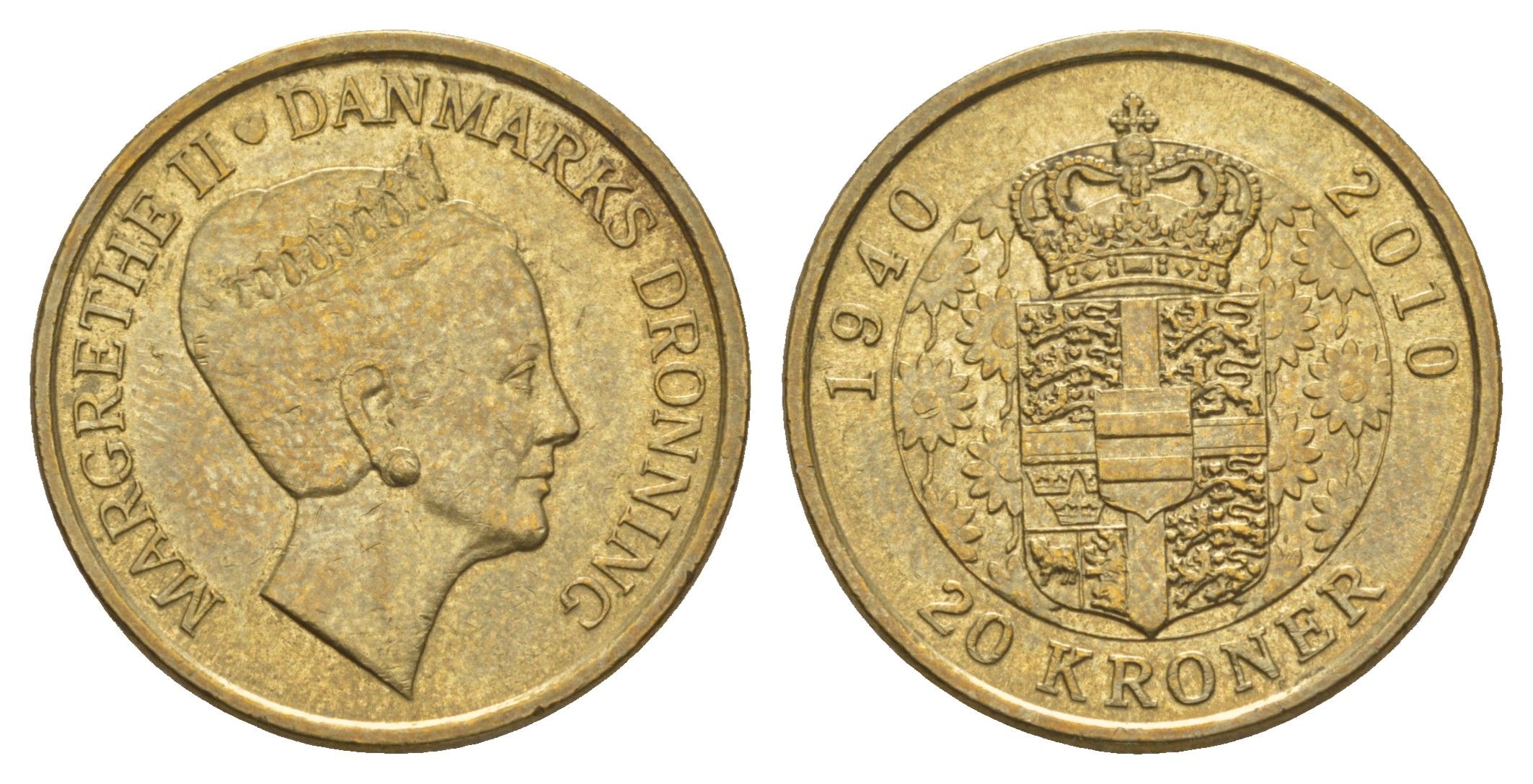 Дания 20 крон 2010 70 лет со дня рождения королевы Маргрете II KM 937 алюминиевая бронза UNC 4650-423