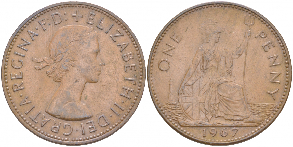Великобритания 1 пенни 1967 Елизавета II (1952-2022) KM 897, Spink 4157 бронза 69-146