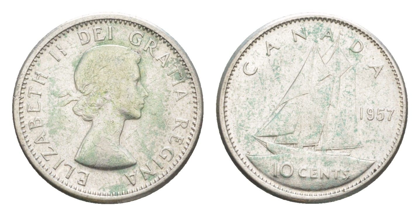 Канада 10 центов 1957 Елизавета II (1952-2022), парусник KM 51 серебро 4639-566