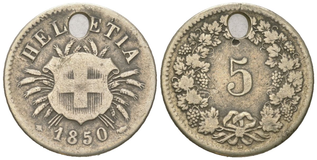 Швейцария 5 раппенов 1850 BB KM 5 серебро 4617-412