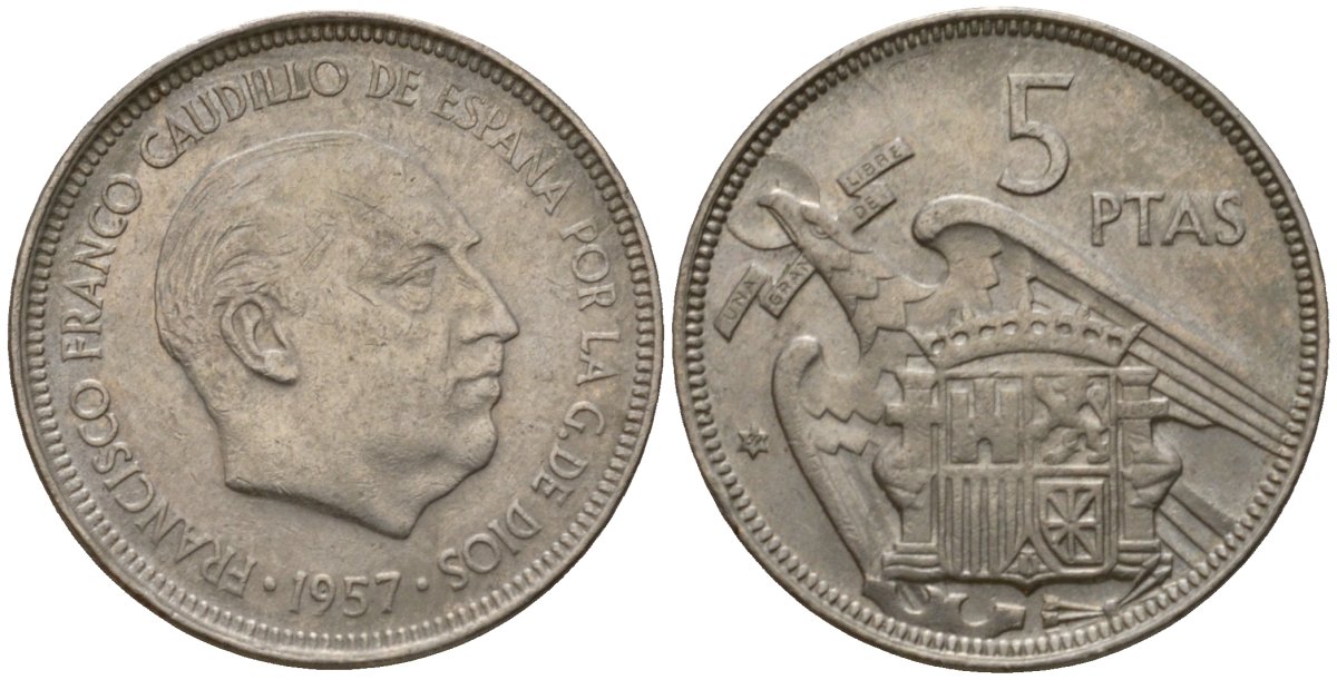 Испания 5 песет 1957 (60) Франсиско Франко (1939-1975) KM 786 медно-никель 186-446