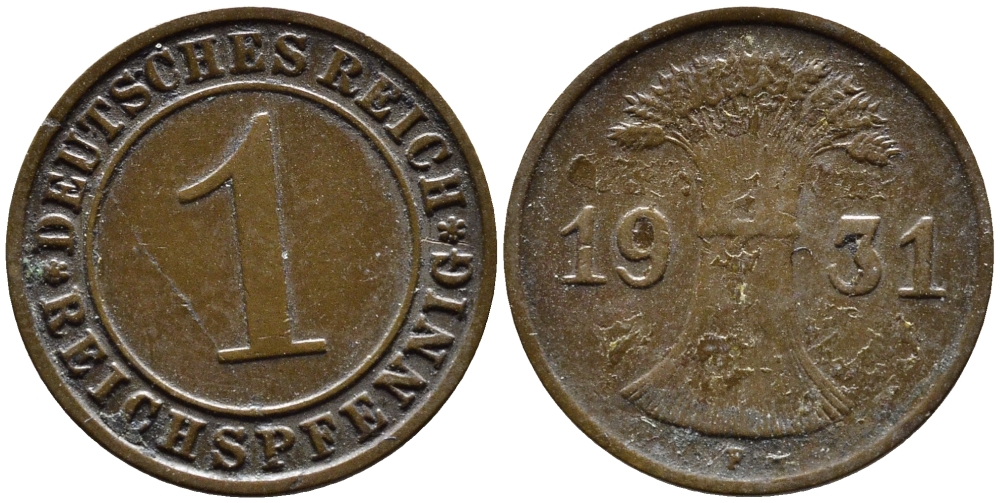 ГЕРМАНИЯ 1 РЕЙХСПФЕННИГ 1931 F KM 37, J. 313 бронза 4387-1128