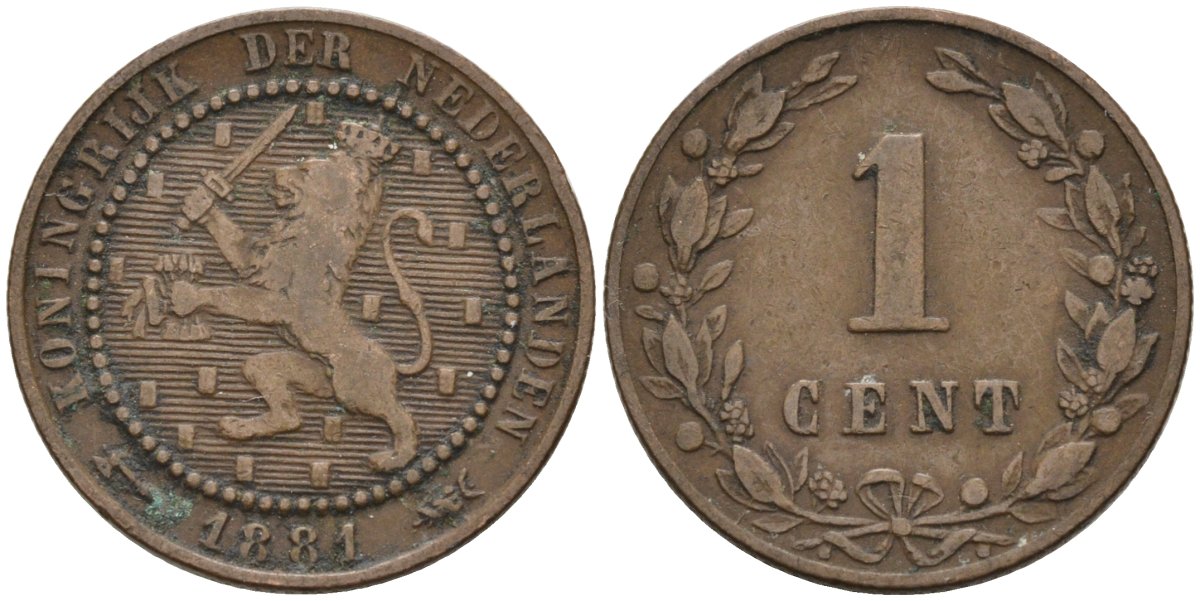 Нидерланды 1 цент 1881 Виллем III (1849-1890) KM 107 бронза 4576-561