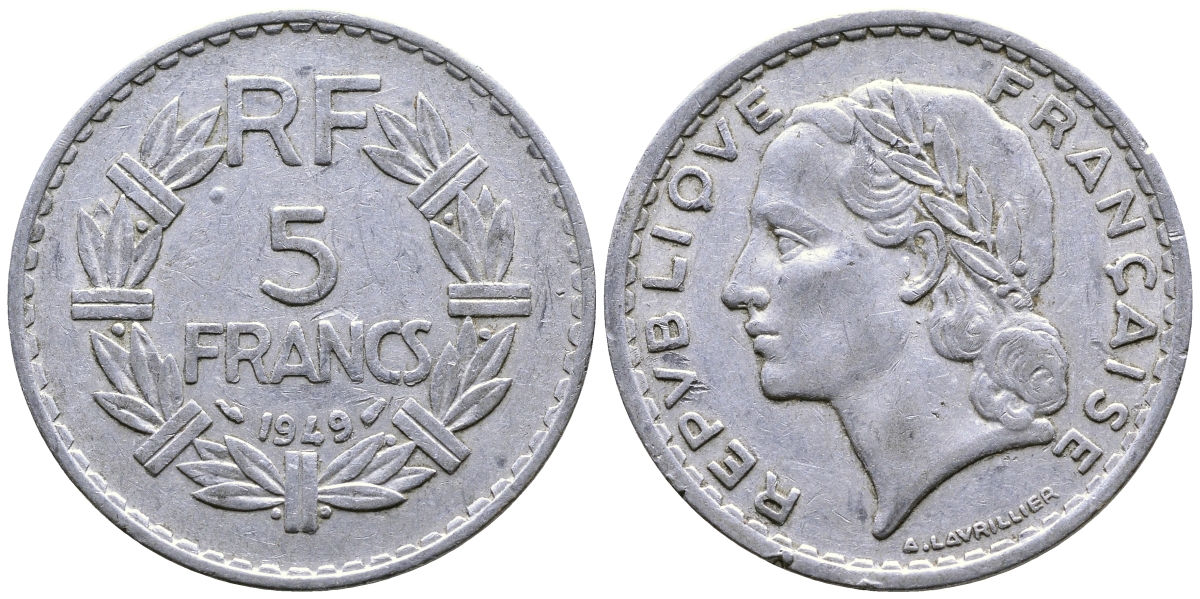 Франция 5 франков 1949 тип Лаврийе KM 888b.1, LE FRANC 339.17 алюминий 59-323
