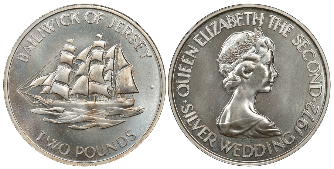 Джерси 2 фунта 1972 25 лет свадьбе Королевы Елизаветы II и Принца Филиппа KM 37 серебро UNC 1077-10-62