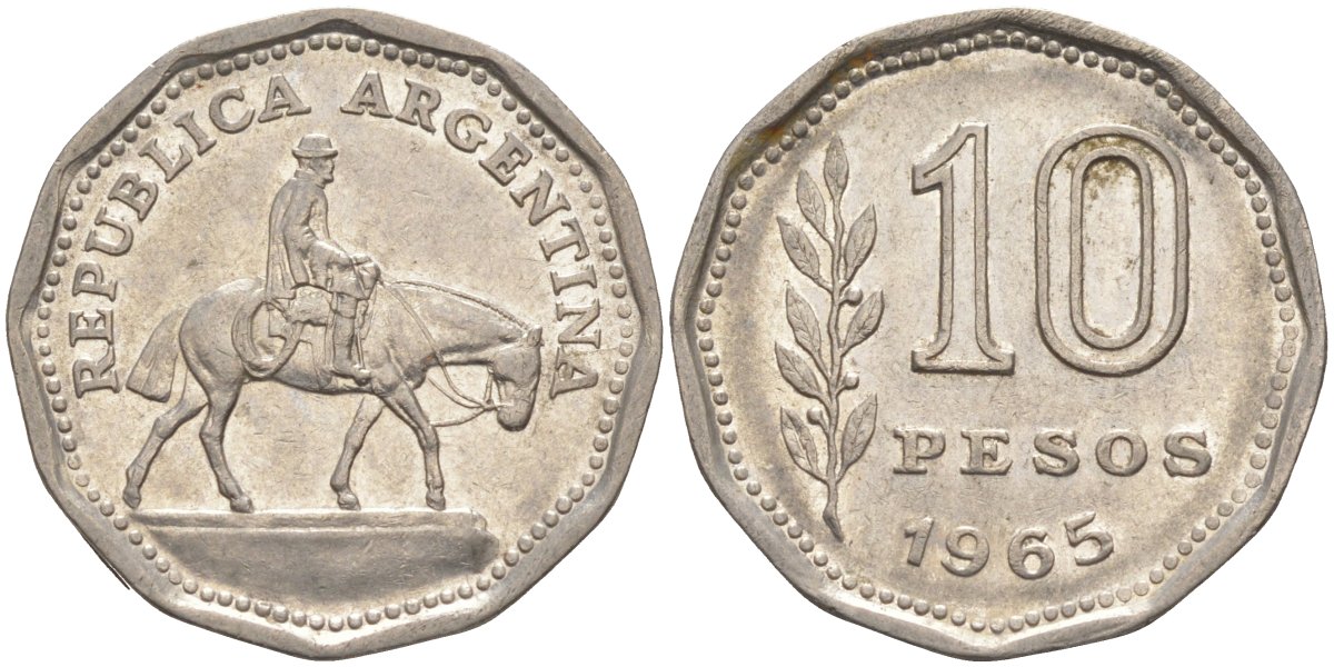 Аргентина 10 песо 1965 Гаучо KM 60 никелированная сталь 219-1237