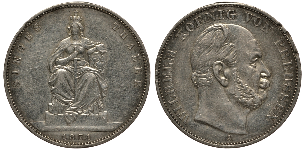 Пруссия 1 талер 1871 A, Вильгельм I (1861-1888), победа над Францией КМ 500, AKS 118, Th. 272 серебро 3711-313