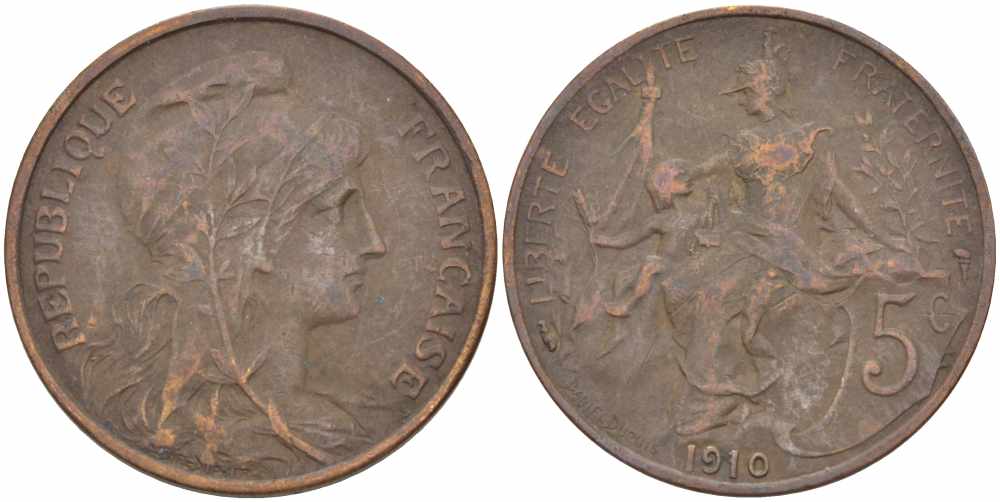 ФРАНЦИЯ 5 САНТИМОВ 1910 ТИП ДАНИЭЛЬ ДЮПЮИ KM 842, LE FRANC 119.22 бронза 108-924