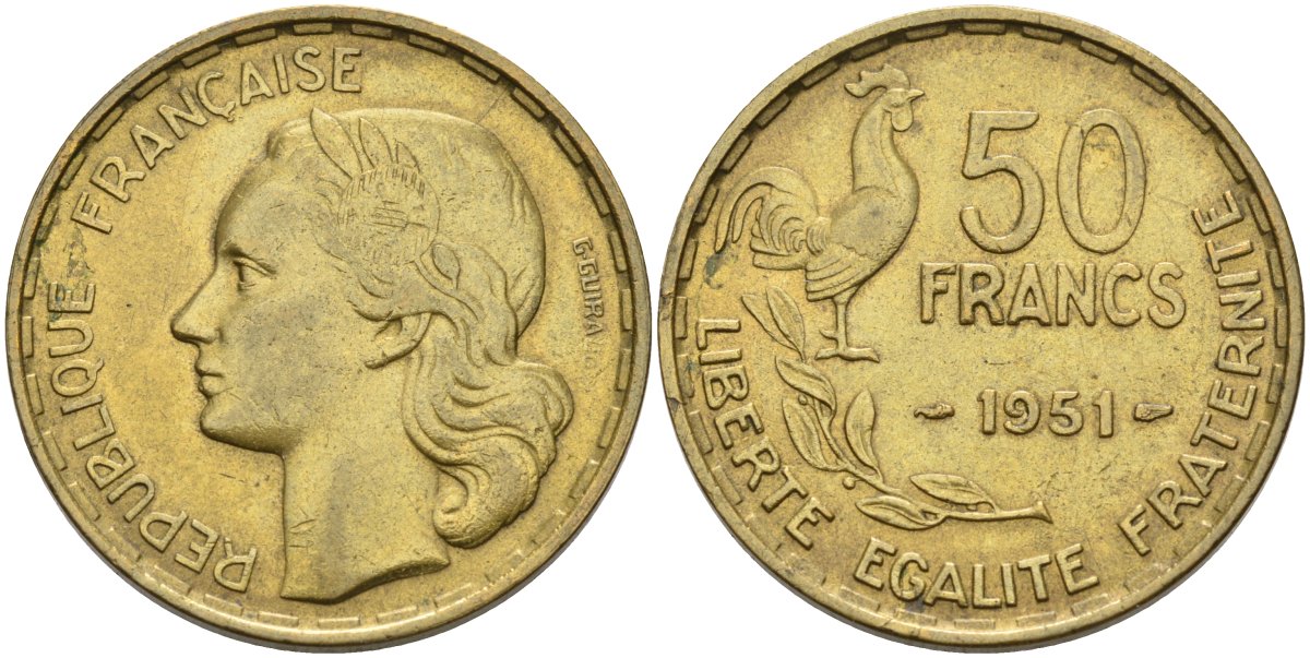 Франция 50 франков 1951 петух KM 918 алюминиевая бронза 4577-927