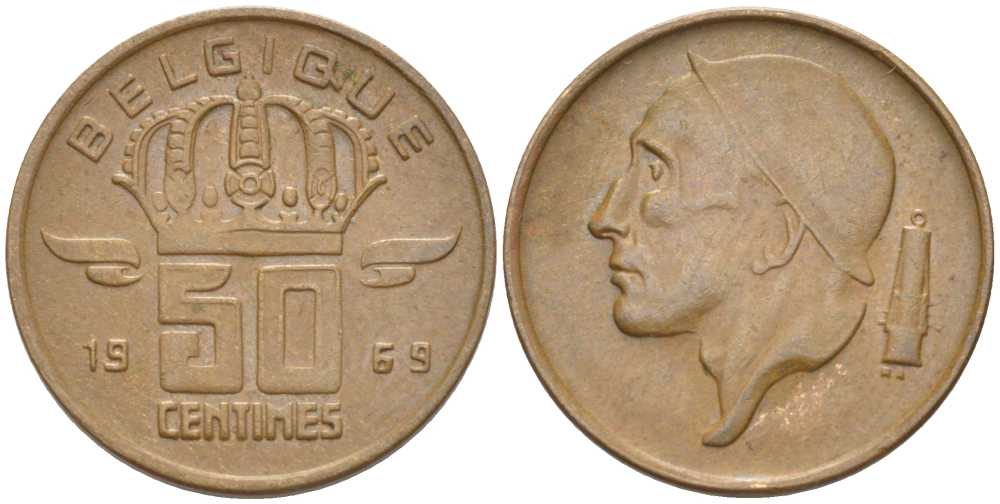 БЕЛЬГИЯ 50 САНТИМОВ 1969 BELGIQUE, БОДУЭН I (1951-1993) KM 148.1 бронза 206-213