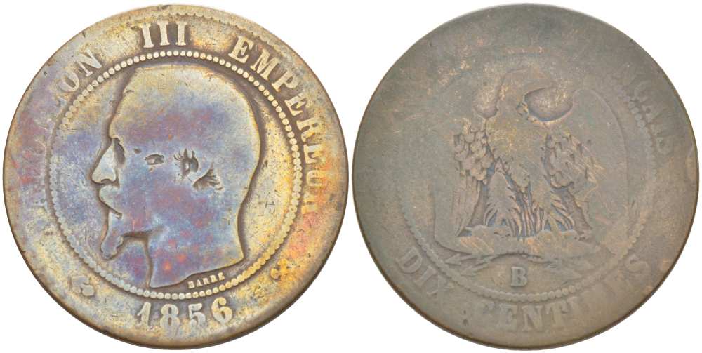 ФРАНЦИЯ 10 САНТИМОВ 1856 B, НАПОЛЕОН III (1852-1870) KM 771.2, LE FRANC 133.33 бронза 215-546