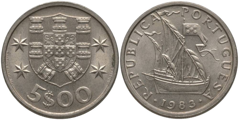ПОРТУГАЛИЯ 5 ЭСКУДО 1983 ПАРУСНИК KM 590 медно-никель UNC 181-352