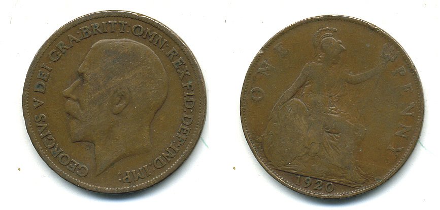 Великобритания 1 пенни 1920 Георг V (1910-1936) КМ 810, Spink 4051 бронза 4110-221