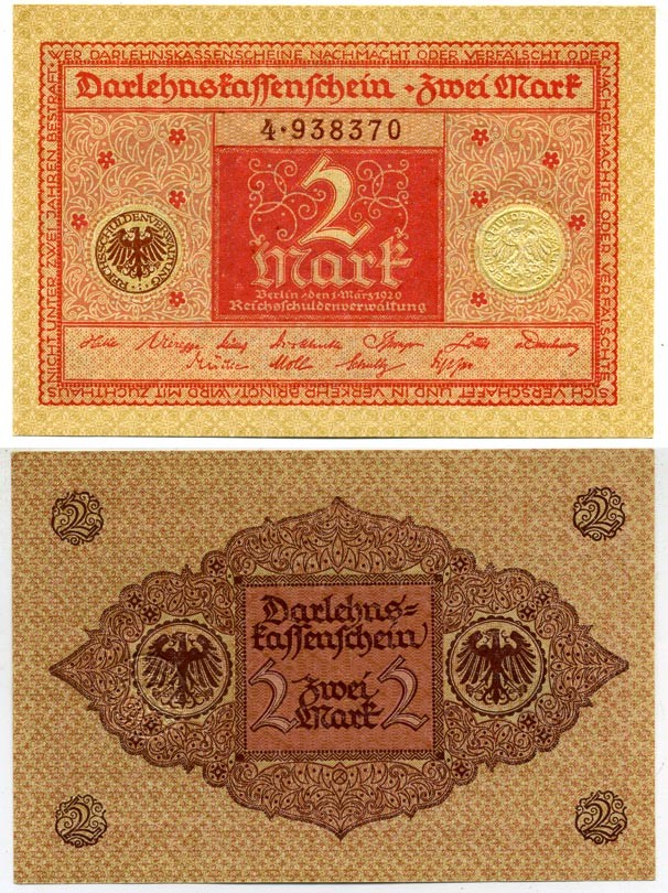 ГЕРМАНИЯ 2 МАРКИ 1920 1 МАРТА 1920, ВЕЙМАРСКАЯ РЕСПУБЛИКА, КРАСНАЯ, СЕРИЯ 4 Pick 59, Rosenberg 65b бумага UNC (ПРЕСС) 6289-42-1-2